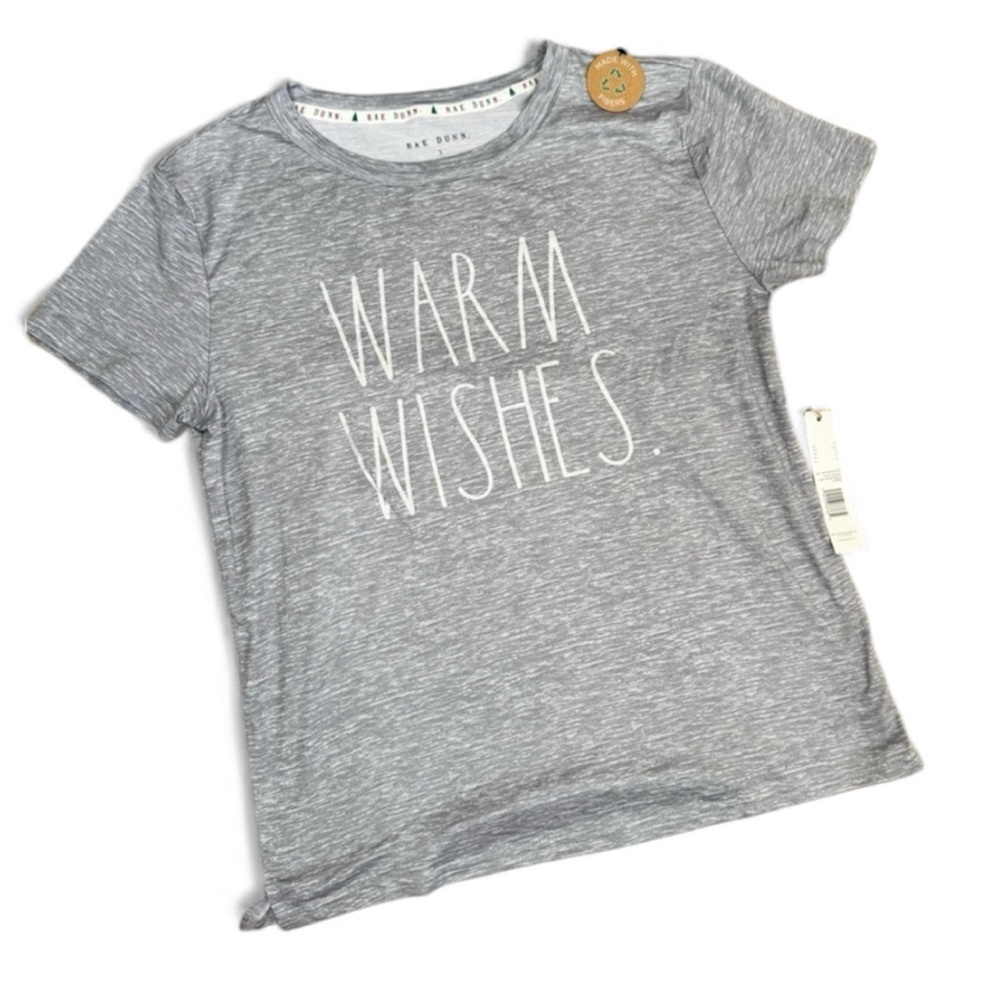 Rae Dunn Grey Warm Wishes' Short Sleeve Tee Glitter Graphic Holiday Size S